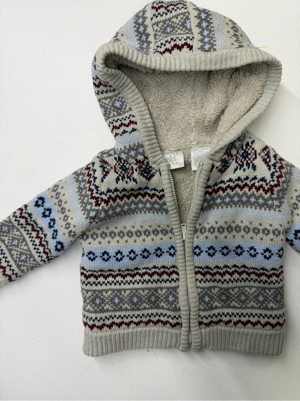 Koala Baby Fair Isle Sherpa Lined Zip Hoodie Sweater Gray Blue 6M